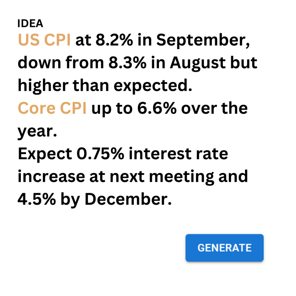 Idea: US CPI at 8.2% in September, down from 8.3% in August but higher than expected. Core CPI up to 6.6% over the year. Expect 0.75% interest rate increase at next meeting and 4.5% by December.